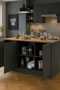 Isola da cucina Tartaro, Tavolo ausiliario portaoggetti, Mobile da cucina a 3 ante, 100% Made in Italy, 155x90h90 cm, Antracite e Rovere