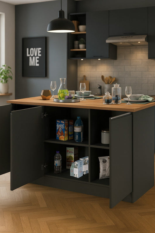 Isola da cucina Tartaro, Tavolo ausiliario portaoggetti, Mobile da cucina a 3 ante, 100% Made in Italy, 155x90h90 cm, Antracite e Rovere