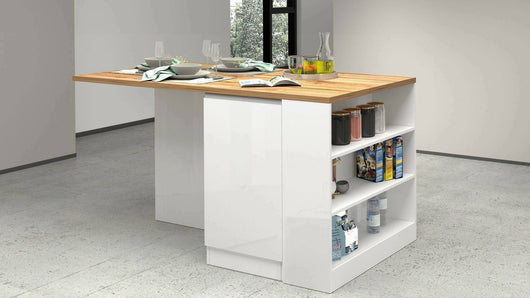 Isola da cucina Abern, Tavolo ausiliario portaoggetti, Mobile da cucina a 2 ante, 100% Made in Italy, 160x90h90 cm, Bianco lucido e Rovere