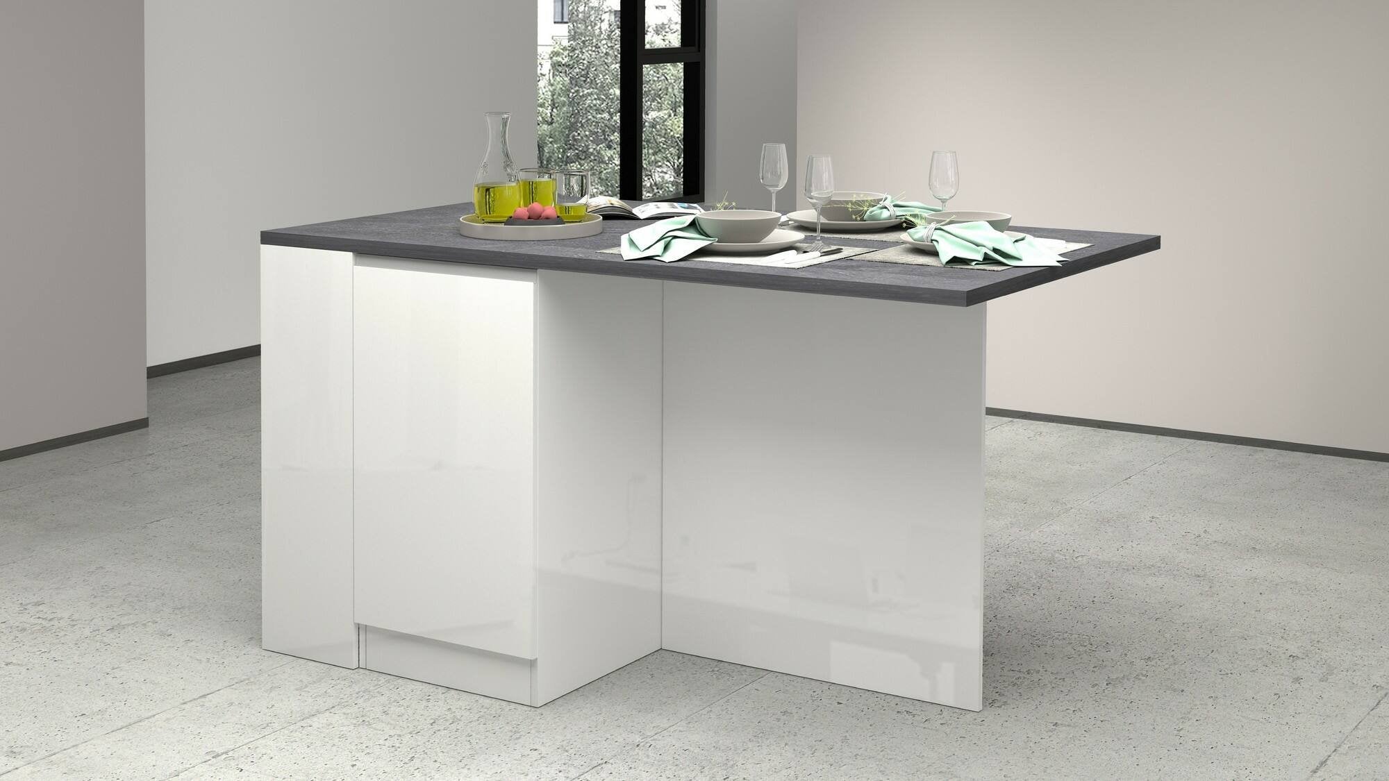 Isola da cucina Abern, Tavolo ausiliario portaoggetti, 100% Made in Italy, 160x90h90 cm, Bianco lucido e Ardesia