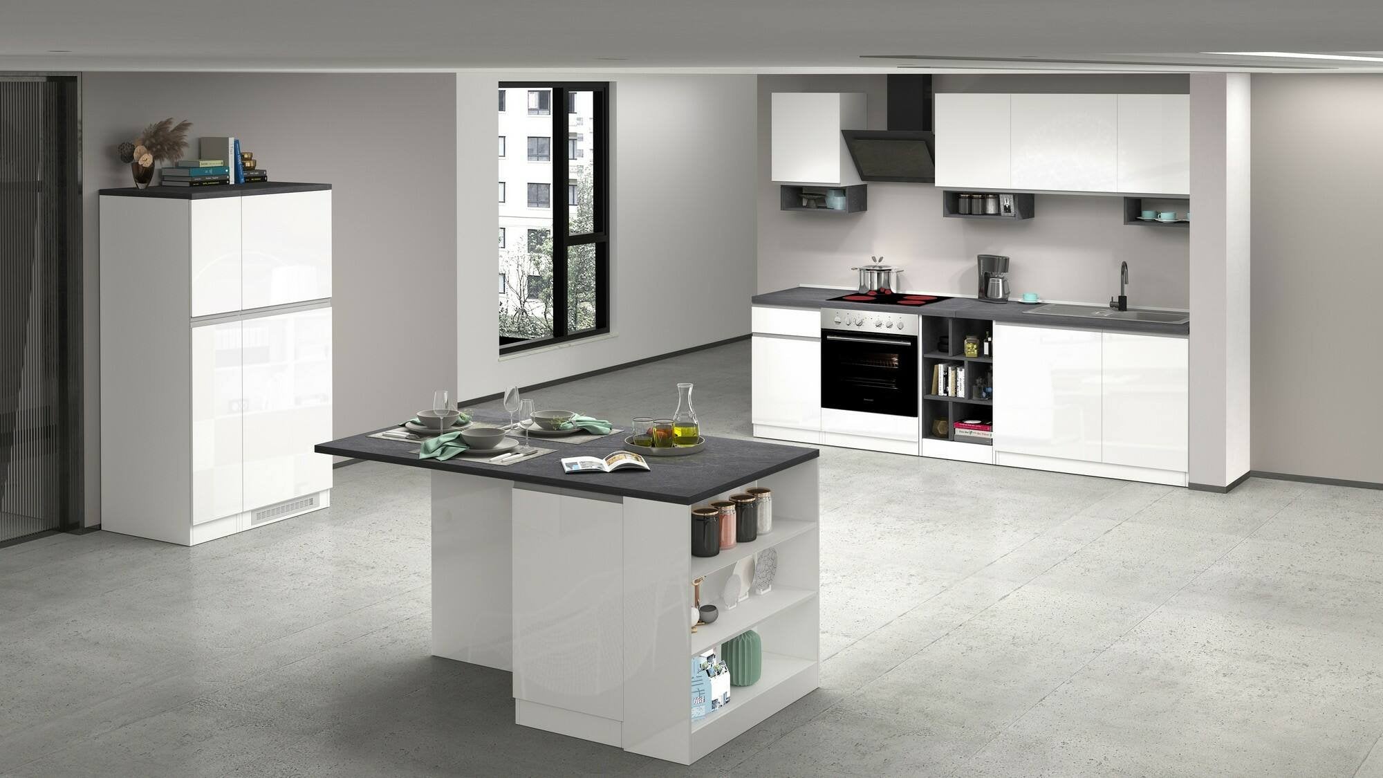 Isola da cucina Abern, Tavolo ausiliario portaoggetti, 100% Made in Italy, 160x90h90 cm, Bianco lucido e Ardesia