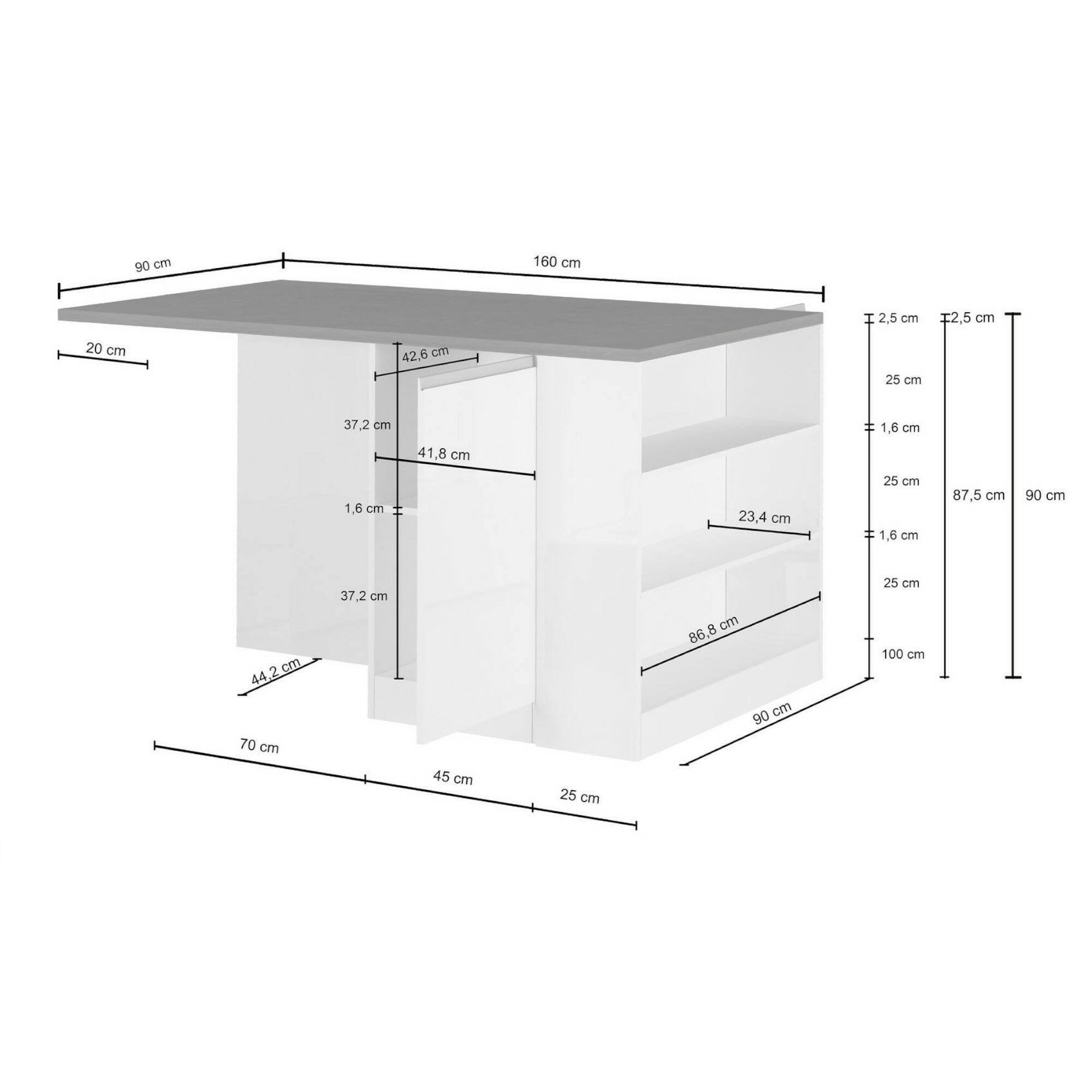 Isola da cucina Abern, Tavolo ausiliario portaoggetti, 100% Made in Italy, 160x90h90 cm, Bianco lucido e Ardesia