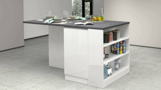 Isola da cucina Abern, Tavolo ausiliario portaoggetti, 100% Made in Italy, 160x90h90 cm, Bianco lucido e Ardesia