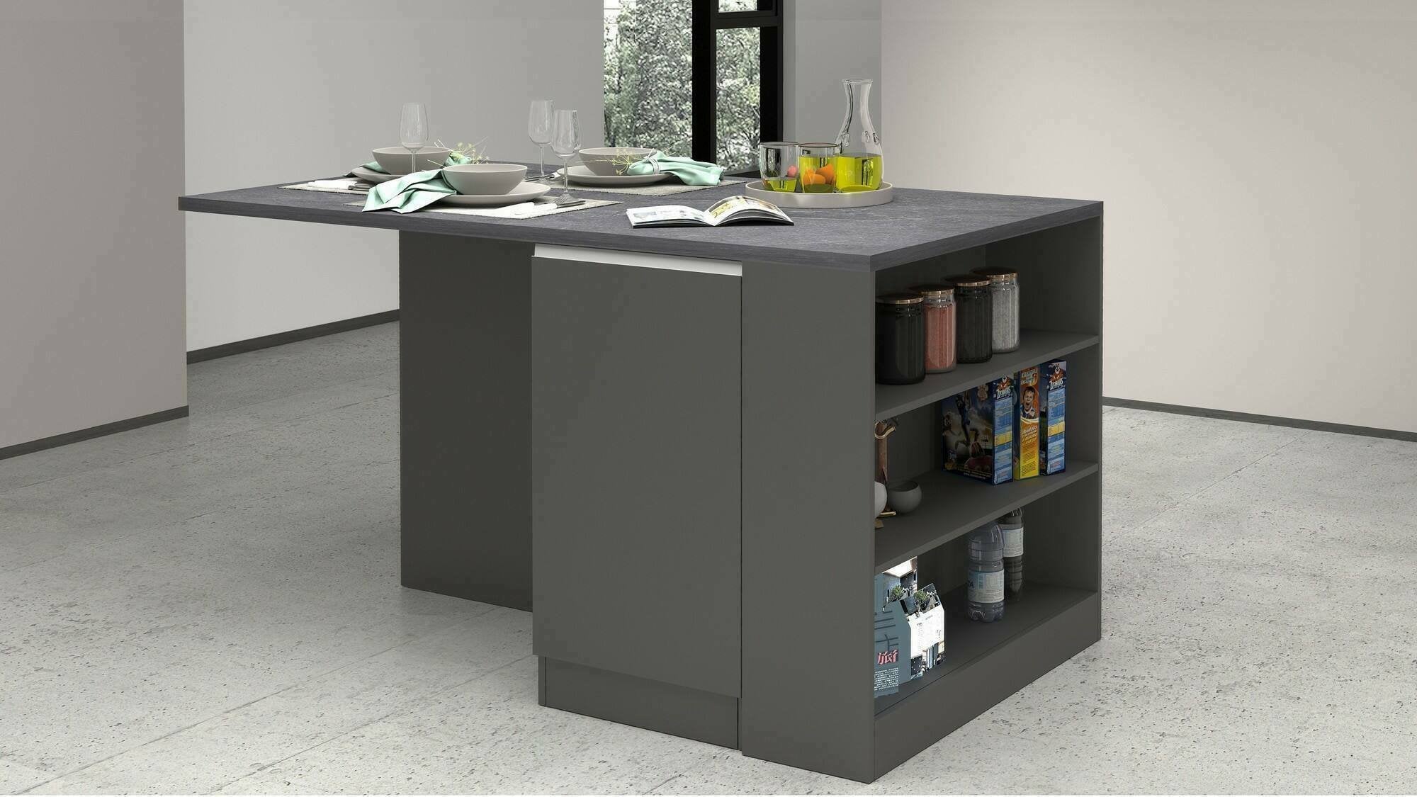Isola da cucina Abern, Mobile da cucina a 2 ante, Tavolo ausiliario portaoggetti, 100% Made in Italy, 160x90h90 cm, Antracite e Ardesia