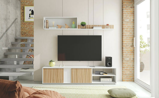 Parete attrrezzata Agrestino, Mobile da soggiorno porta TV, Composizione set salotto, Set salotto con pensile, 180x33h40 cm, Bianco e Rovere