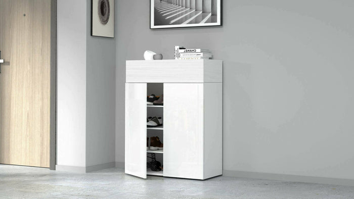Scarpiera Nala, Porta scarpe salvaspazio a 3 ante, Armadio multifunzione da ingresso, 76x38h100 cm, Bianco effetto larice