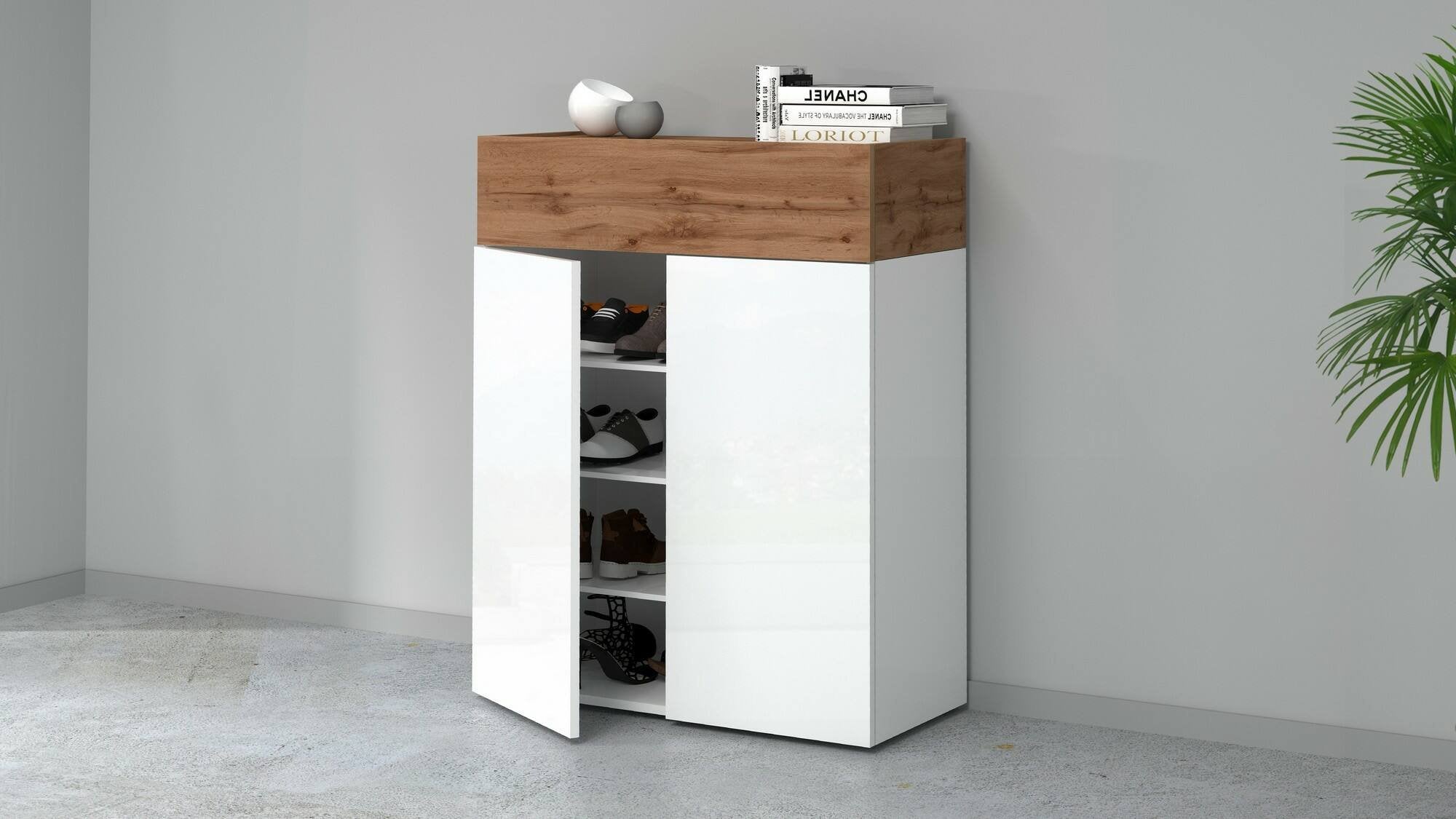 Scarpiera Nala, Porta scarpe salvaspazio a 3 ante, Armadio multifunzione da ingresso, 76x38h100 cm, Bianco e Rovere