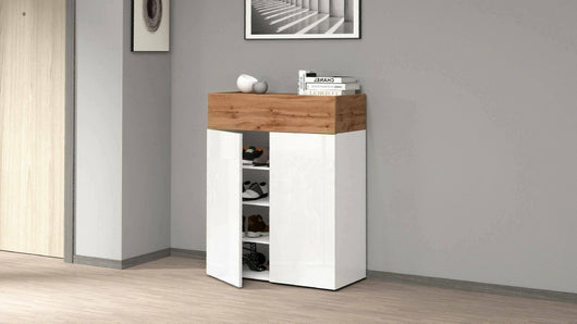 Scarpiera Nala, Porta scarpe salvaspazio a 3 ante, Armadio multifunzione da ingresso, 76x38h100 cm, Bianco e Rovere