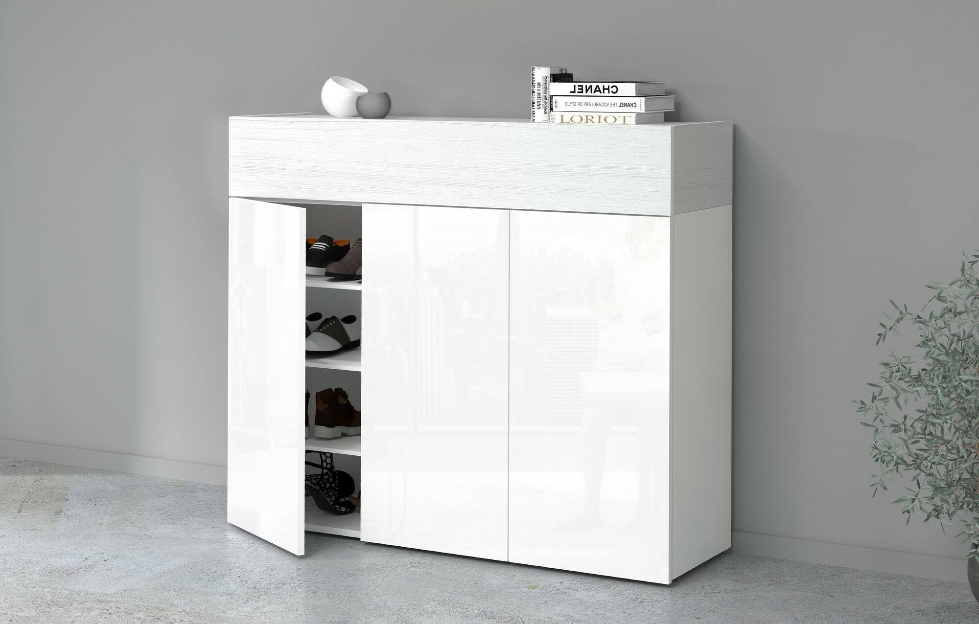 Scarpiera Griselda, Porta scarpe salvaspazio a 4 ante, Armadio multifunzione da ingresso, 114x38h100 cm, Bianco effetto larice