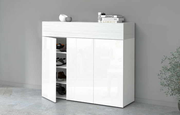 Scarpiera Griselda, Porta scarpe salvaspazio a 4 ante, Armadio multifunzione da ingresso, 114x38h100 cm, Bianco effetto larice