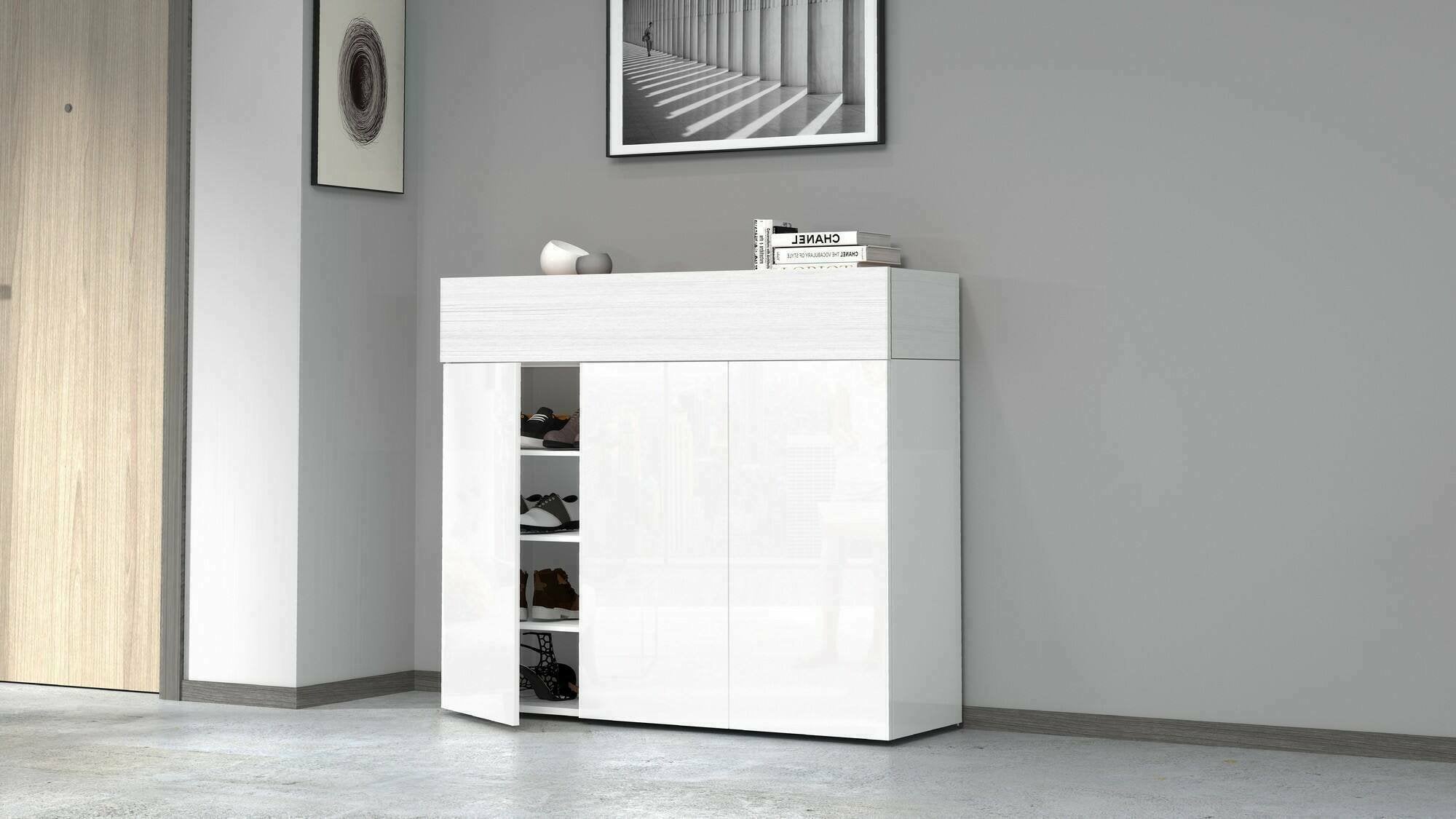 Scarpiera Griselda, Porta scarpe salvaspazio a 4 ante, Armadio multifunzione da ingresso, 114x38h100 cm, Bianco effetto larice