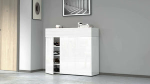 Scarpiera Griselda, Porta scarpe salvaspazio a 4 ante, Armadio multifunzione da ingresso, 114x38h100 cm, Bianco effetto larice