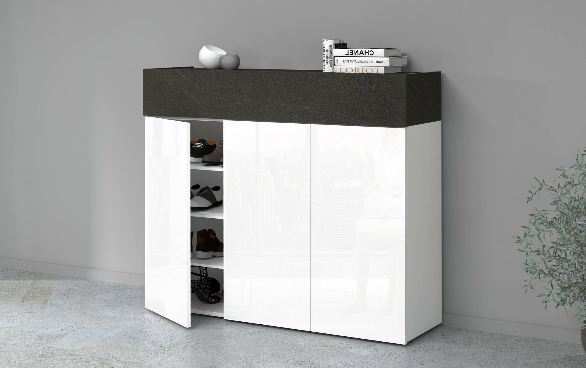 Scarpiera Griselda, Porta scarpe salvaspazio a 4 ante, Armadio multifunzione da ingresso, 114x38h100 cm, Bianco e Ardesia