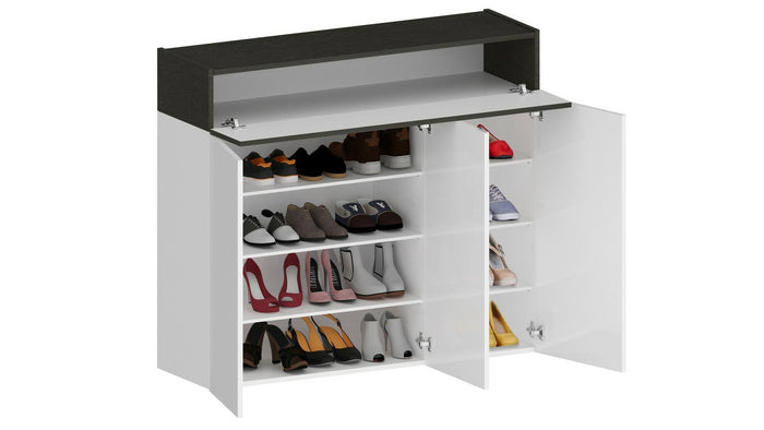 Scarpiera Griselda, Porta scarpe salvaspazio a 4 ante, Armadio multifunzione da ingresso, 114x38h100 cm, Bianco e Ardesia