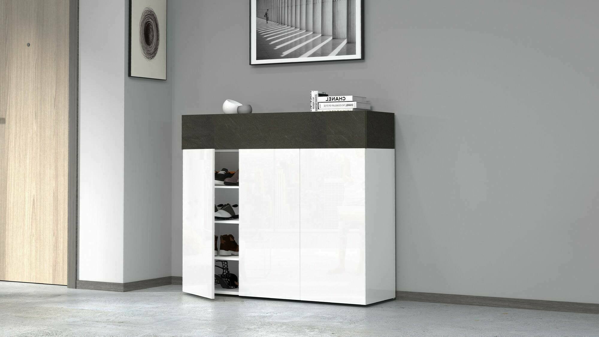 Scarpiera Griselda, Porta scarpe salvaspazio a 4 ante, Armadio multifunzione da ingresso, 114x38h100 cm, Bianco e Ardesia