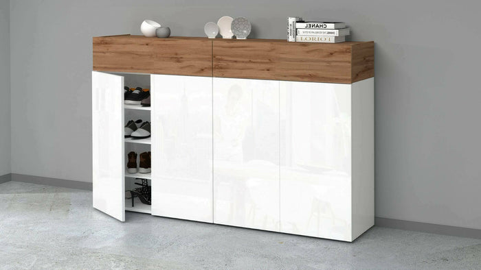 Scarpiera Are, Porta scarpe salvaspazio a 6 ante, Armadio multifunzione da ingresso, 154x38h100 cm, Bianco e Rovere