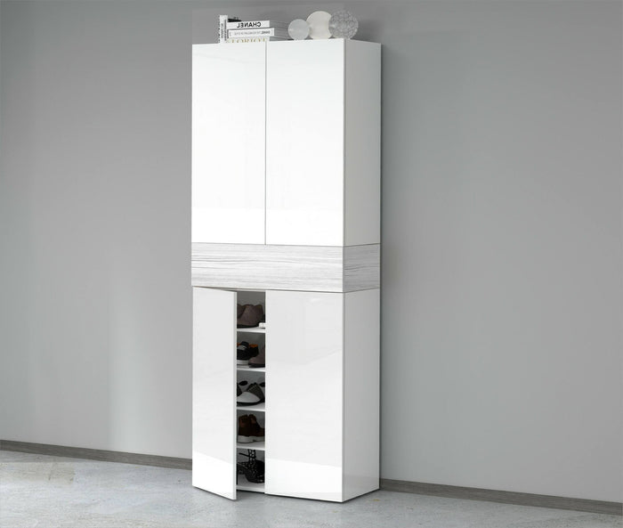 Scarpiera Asklol, Porta scarpe salvaspazio a 5 ante, Armadio multifunzione da ingresso, 76x38h200 cm, Bianco effetto larice