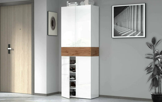 Scarpiera Asklol, Porta scarpe salvaspazio a 5 ante, Armadio multifunzione da ingresso, 76x38h200 cm, Bianco e Rovere