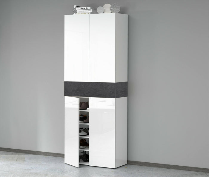 Scarpiera Asklol, Porta scarpe salvaspazio a 5 ante, Armadio multifunzione da ingresso, 76x38h200 cm, Bianco e Ardesia