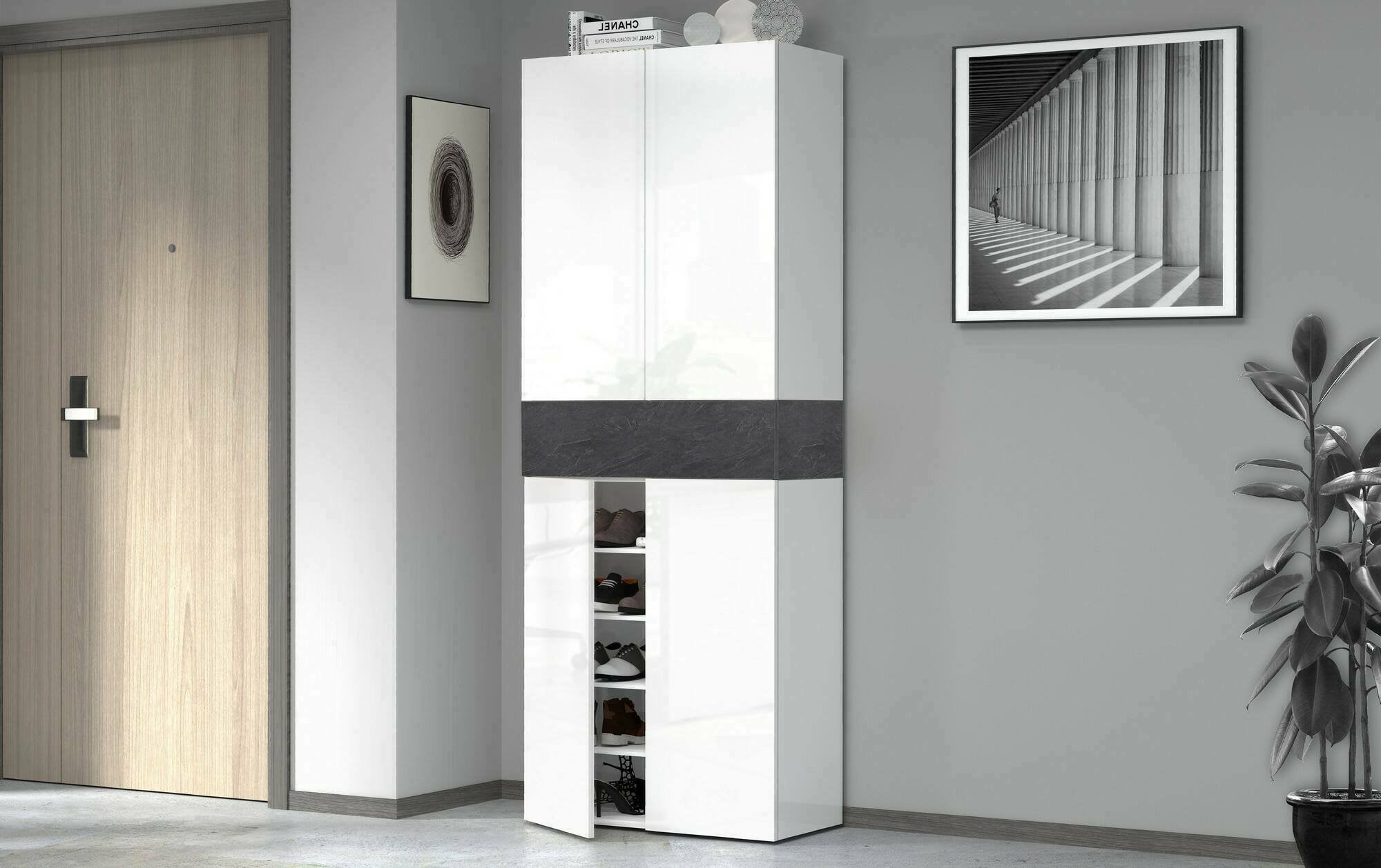 Scarpiera Asklol, Porta scarpe salvaspazio a 5 ante, Armadio multifunzione da ingresso, 76x38h200 cm, Bianco e Ardesia