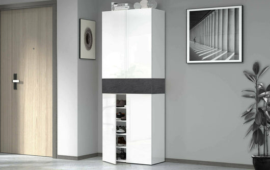 Scarpiera Asklol, Porta scarpe salvaspazio a 5 ante, Armadio multifunzione da ingresso, 76x38h200 cm, Bianco e Ardesia