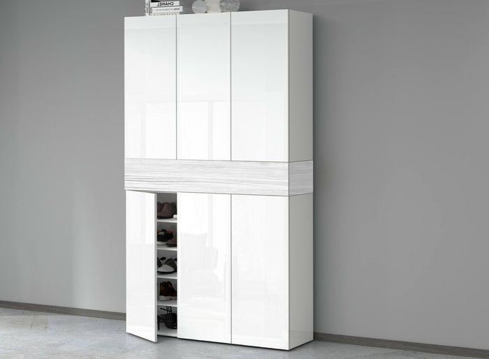 Scarpiera Charoite, Porta scarpe salvaspazio a 7 ante, Armadio multifunzione da ingresso, 114x38h200 cm, Bianco effetto larice