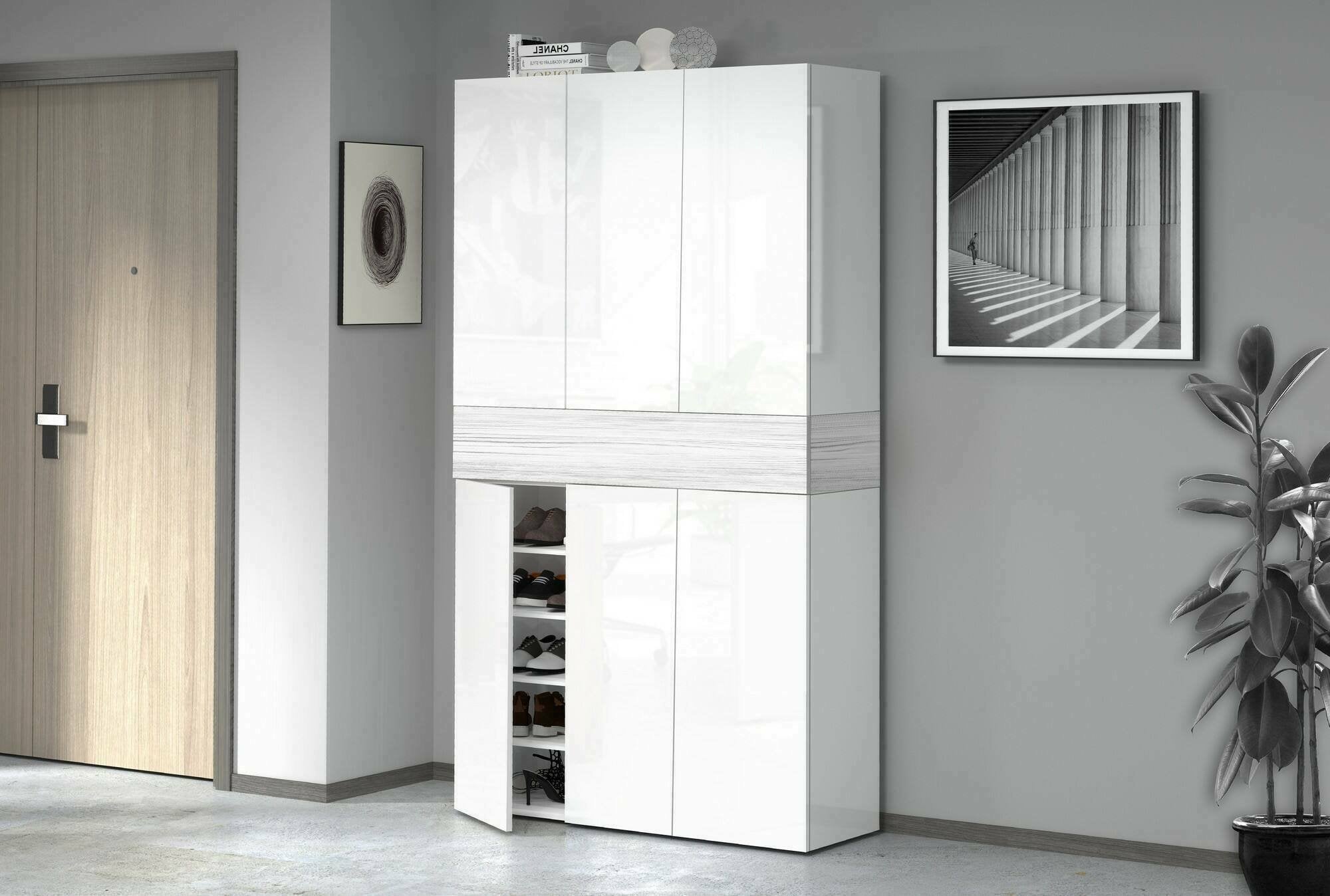 Scarpiera Charoite, Porta scarpe salvaspazio a 7 ante, Armadio multifunzione da ingresso, 114x38h200 cm, Bianco effetto larice