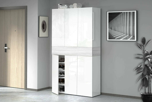 Scarpiera Charoite, Porta scarpe salvaspazio a 7 ante, Armadio multifunzione da ingresso, 114x38h200 cm, Bianco effetto larice