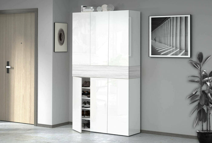 Scarpiera Charoite, Porta scarpe salvaspazio a 7 ante, Armadio multifunzione da ingresso, 114x38h200 cm, Bianco effetto larice
