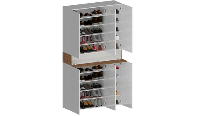 Scarpiera Charoite, Porta scarpe salvaspazio a 7 ante, Armadio multifunzione da ingresso, 114x38h200 cm, Bianco e Rovere