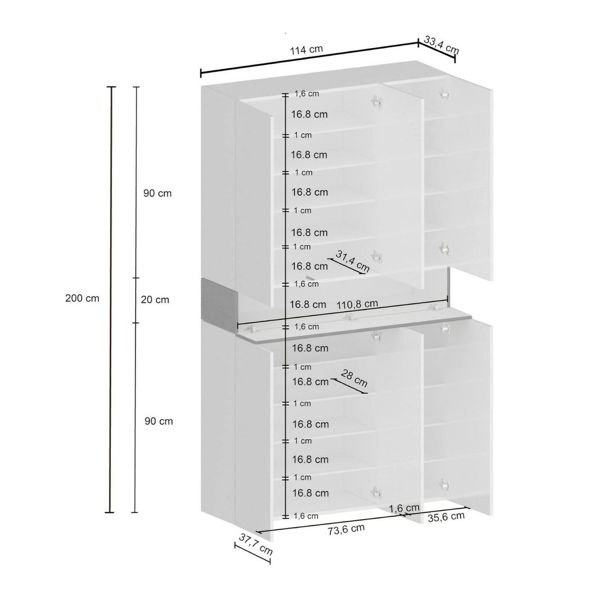 Scarpiera Charoite, Porta scarpe salvaspazio a 7 ante, Armadio multifunzione da ingresso, 114x38h200 cm, Bianco e Rovere