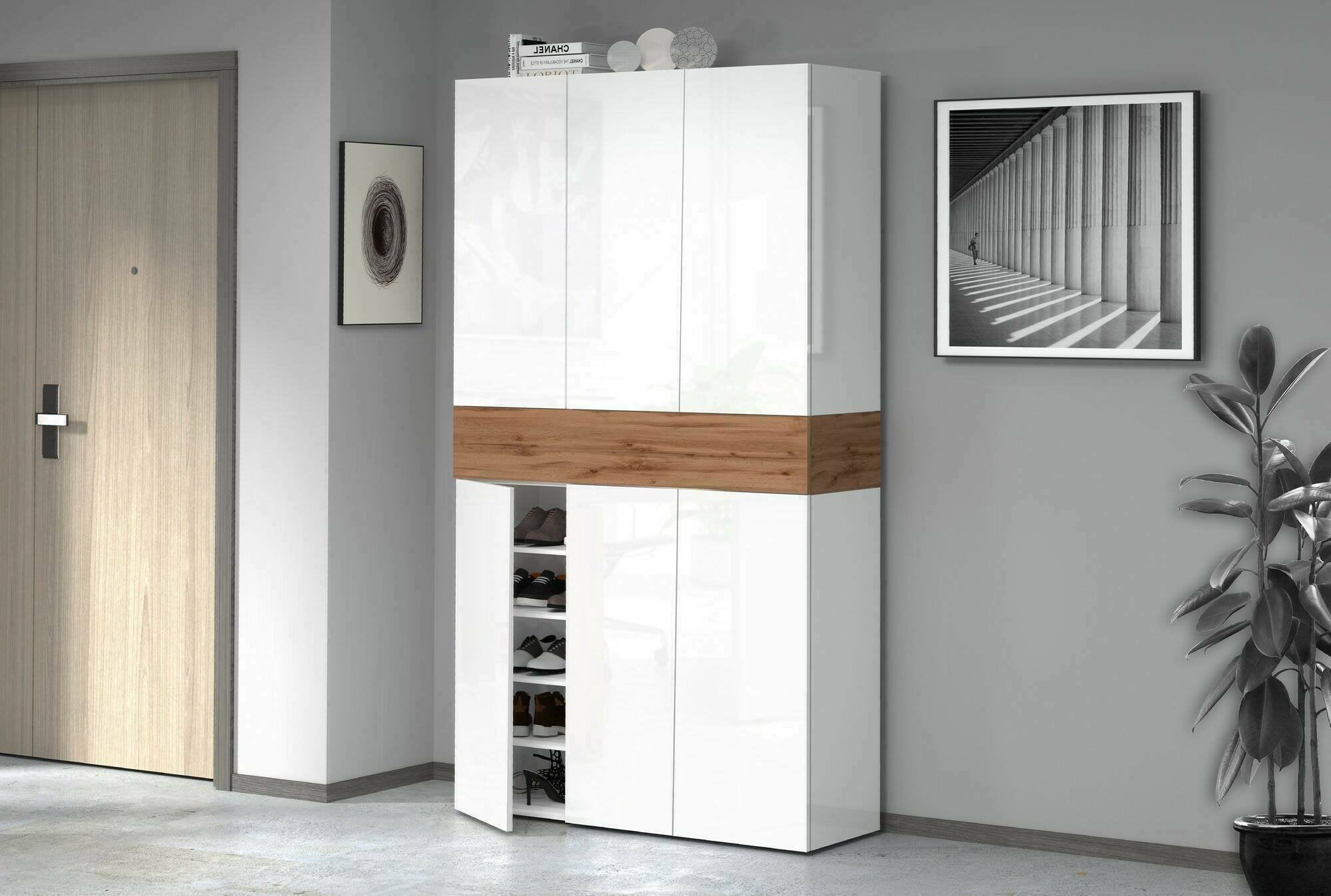 Scarpiera Charoite, Porta scarpe salvaspazio a 7 ante, Armadio multifunzione da ingresso, 114x38h200 cm, Bianco e Rovere