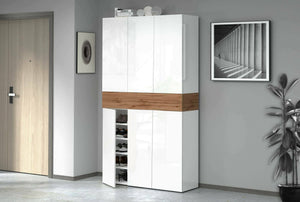 Scarpiera Charoite, Porta scarpe salvaspazio a 7 ante, Armadio multifunzione da ingresso, 114x38h200 cm, Bianco e Rovere