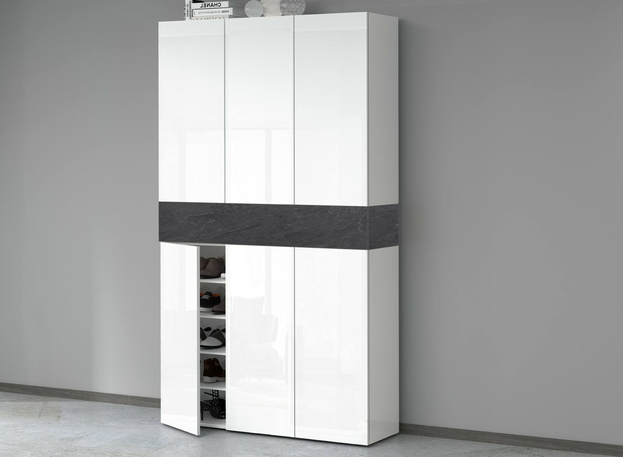 Scarpiera Charoite, Porta scarpe salvaspazio a 7 ante, Armadio multifunzione da ingresso, 114x38h200 cm, Bianco e Ardesia