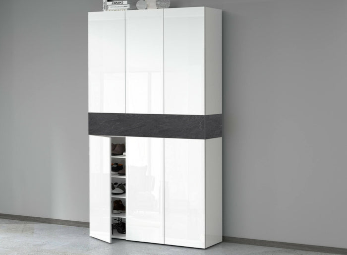 Scarpiera Charoite, Porta scarpe salvaspazio a 7 ante, Armadio multifunzione da ingresso, 114x38h200 cm, Bianco e Ardesia