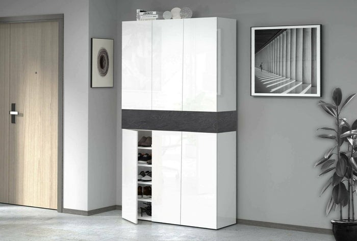 Scarpiera Charoite, Porta scarpe salvaspazio a 7 ante, Armadio multifunzione da ingresso, 114x38h200 cm, Bianco e Ardesia