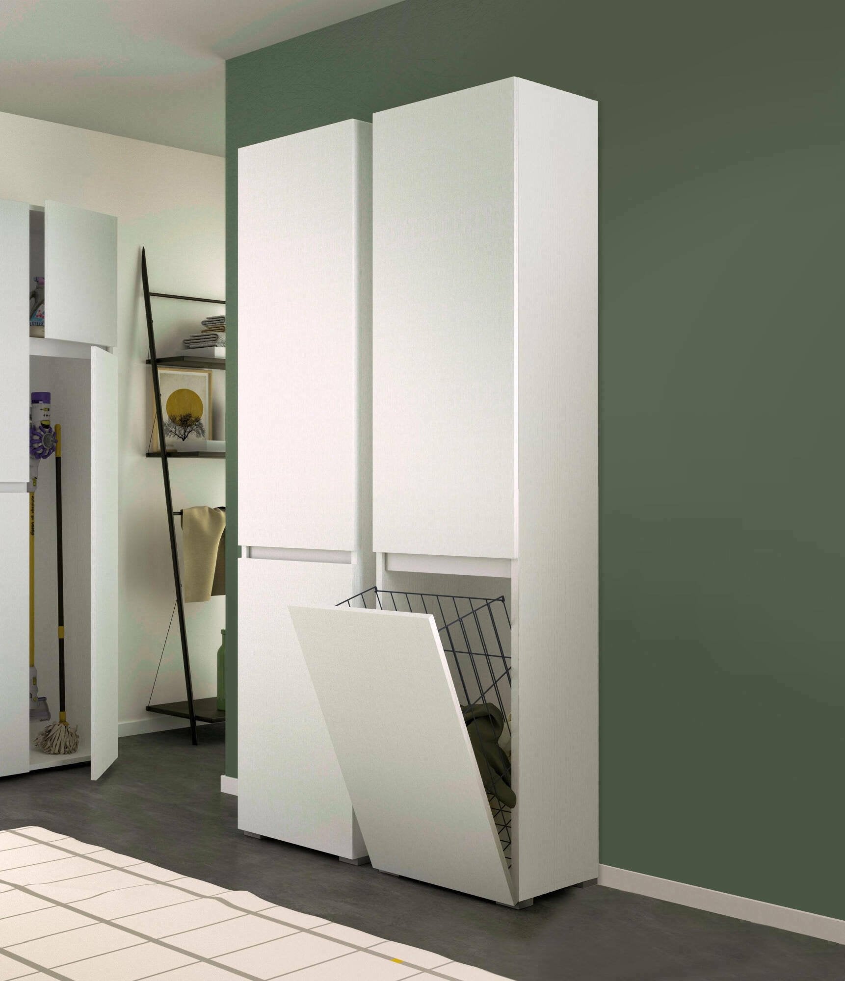 Armadio multiuso 2 ante Aro, Mobile lavanderia a 2 ante, Colonna da bagno con cestello portabiancheria, 100% Made in Italy, 45x37h195 cm, Bianco