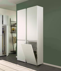 Armadio multiuso 2 ante Aro, Mobile lavanderia a 2 ante, Colonna da bagno con cestello portabiancheria, 100% Made in Italy, 45x37h195 cm, Bianco