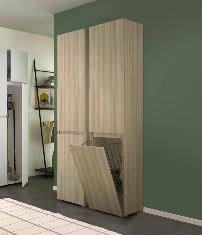 Armadio multiuso 2 ante Aro, Mobile lavanderia a 2 ante, Colonna da bagno con cestello portabiancheria, 100% Made in Italy, 45x37h195 cm, Olmo