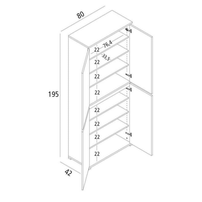 Armadio multiuso grande Arro, Scarpiera con ripiani regolabili, Mobile porta scarpe a 4 ante, 100% Made in Italy, 80x37h195 cm, Bianco