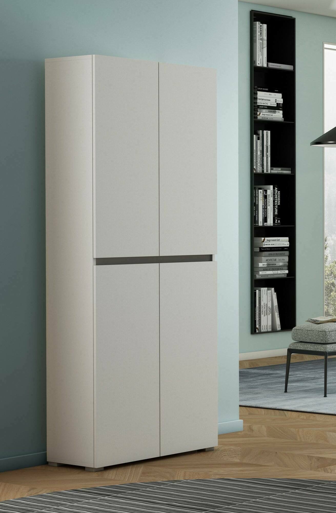 Armadio multiuso grande Arro, Scarpiera con ripiani regolabili, Mobile porta scarpe a 4 ante, 100% Made in Italy, 80x37h195 cm, Bianco