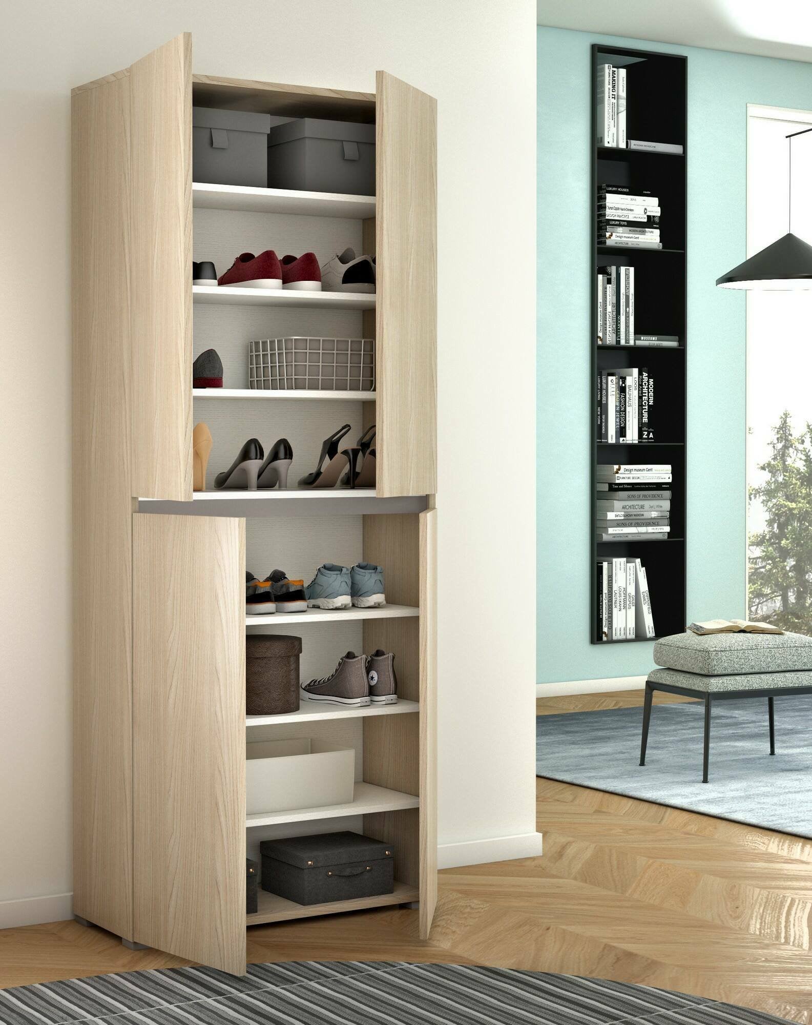 Armadio multiuso grande Arro, Scarpiera con ripiani regolabili, Mobile porta scarpe a 4 ante, 100% Made in Italy, 80x37h195 cm, Olmo