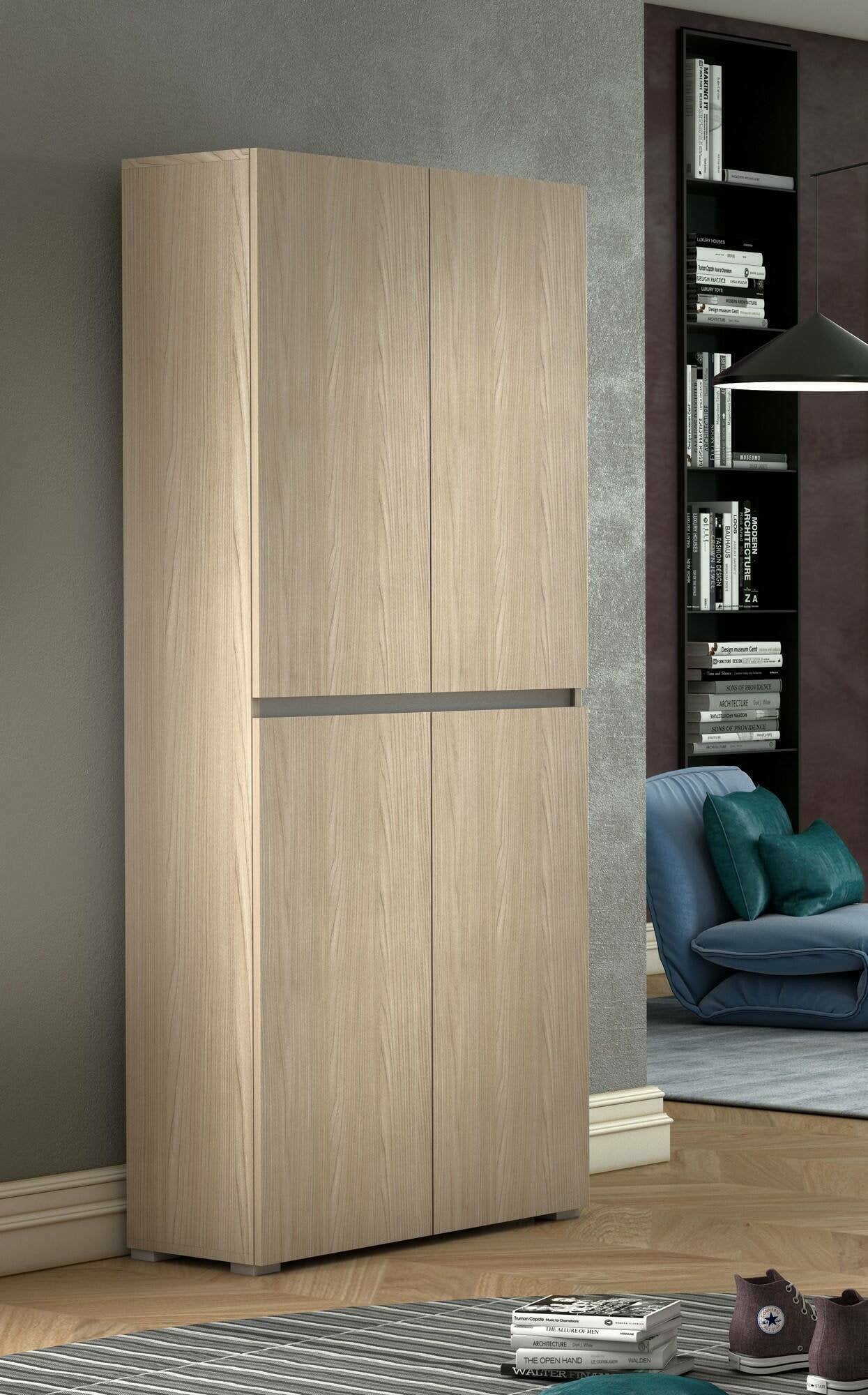 Armadio multiuso grande Arro, Scarpiera con ripiani regolabili, Mobile porta scarpe a 4 ante, 100% Made in Italy, 80x37h195 cm, Olmo