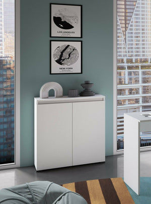 Scarpiera Astrina, Mobile multiuso, Porta scarpe salvaspazio a 2 ante, Armadio portaoggetti con scaffali, 100% Made in Italy, 80x37h102 cm, Bianco