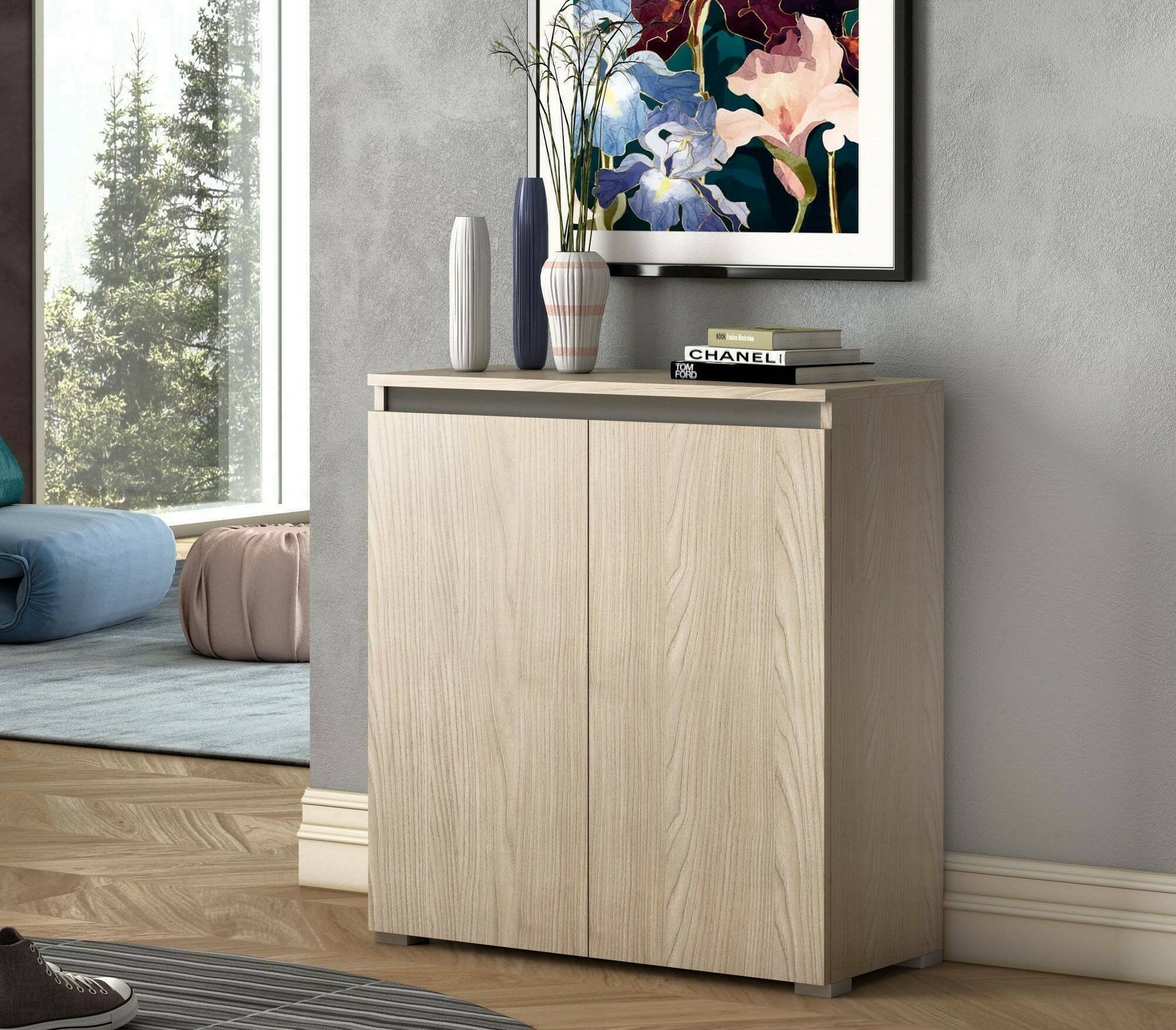 Scarpiera Astrina, Mobile multiuso, Porta scarpe salvaspazio a 2 ante, Armadio portaoggetti con scaffali, 100% Made in Italy, 80x37h102 cm, Olmo