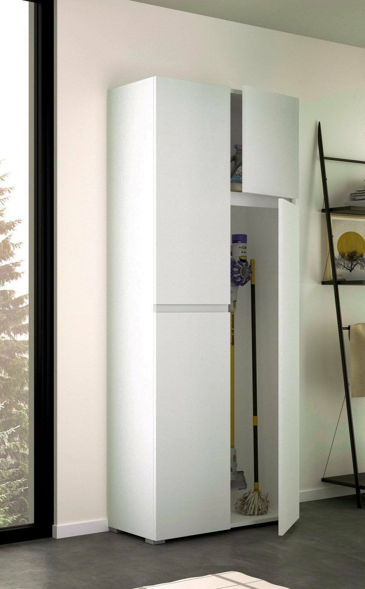 Armadio multiuso grande Attiniaro, Mobile multiuso a 4 ante, Armadietto porta scarpe, Guardaroba salvaspazio, 100% Made in Italy, 80x37h195 cm, Bianco