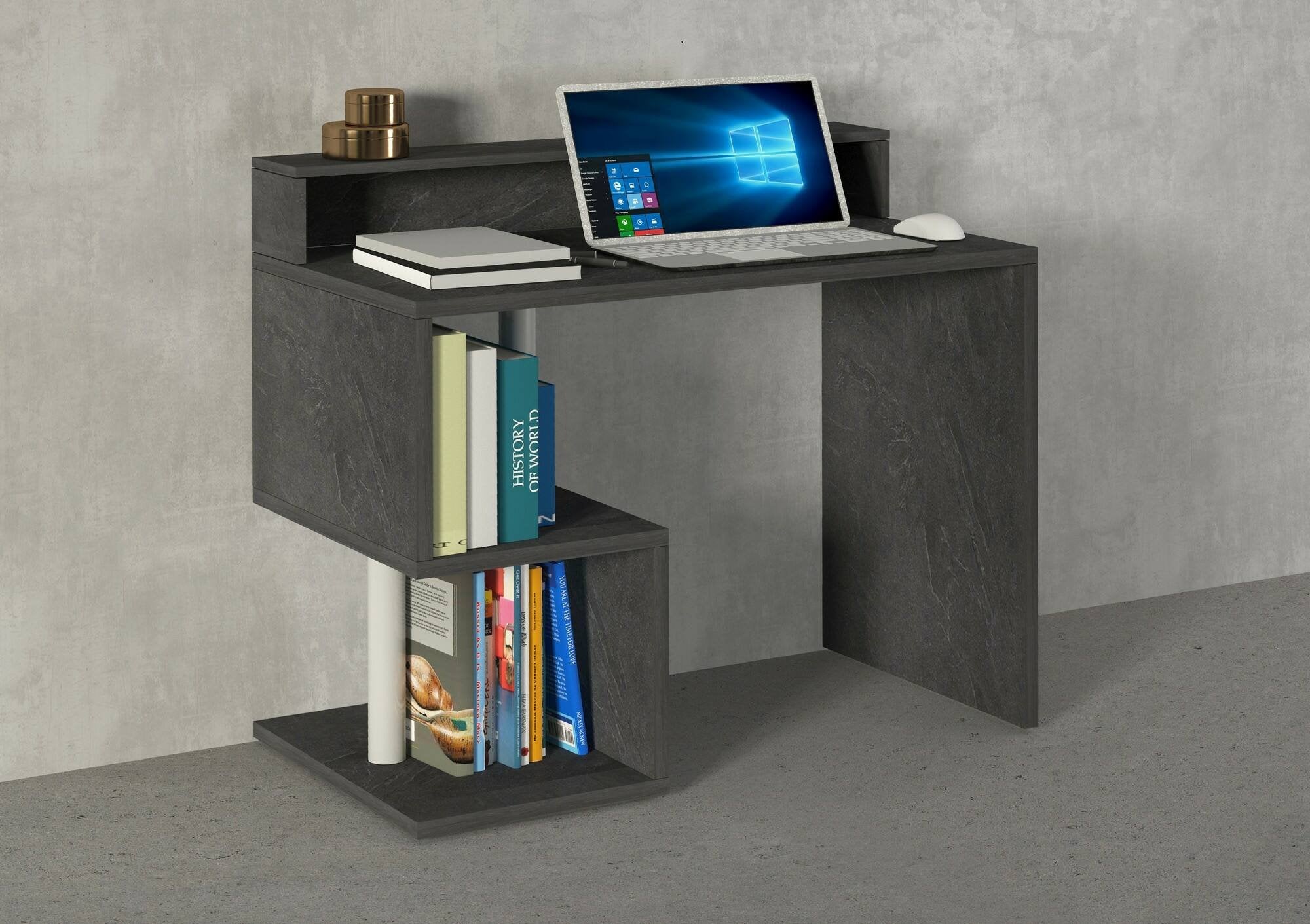 Scrivania Giusy, Scrittoio lineare con ripiani portaoggetti e luci LED, Scrivania ufficio multiuso con sopralzo, 100x50h93 cm, Ardesia