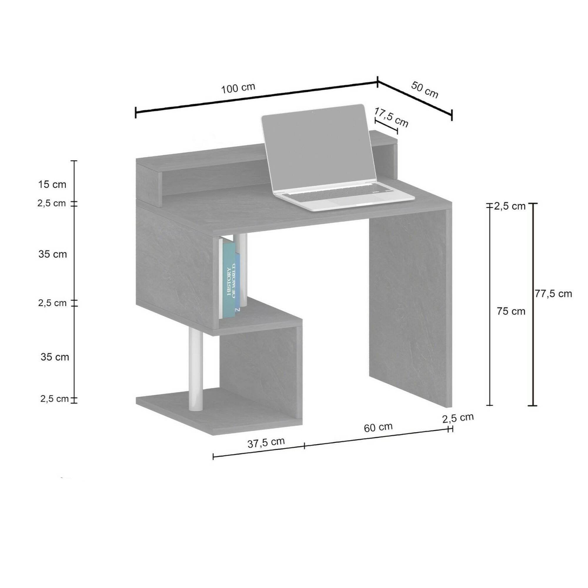 Scrivania Giusy, Scrittoio lineare con ripiani portaoggetti e luci LED, Scrivania ufficio multiuso con sopralzo, 100x50h93 cm, Ardesia