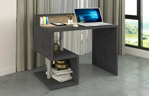 Scrivania Giusy, Scrittoio lineare con ripiani portaoggetti e luci LED, Scrivania ufficio multiuso con sopralzo, 100x50h93 cm, Ardesia