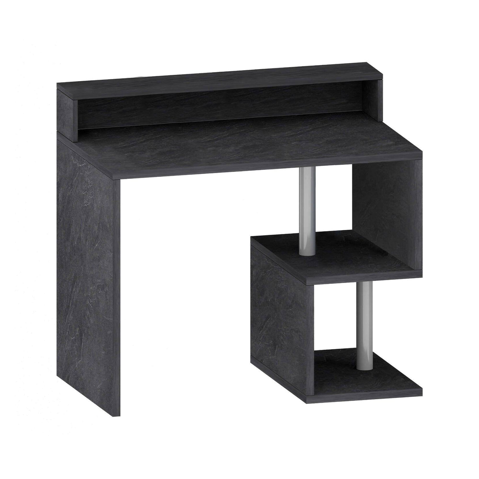 Scrivania Giusy, Scrittoio lineare con ripiani portaoggetti e luci LED, Scrivania ufficio multiuso con sopralzo, 100x50h93 cm, Ardesia